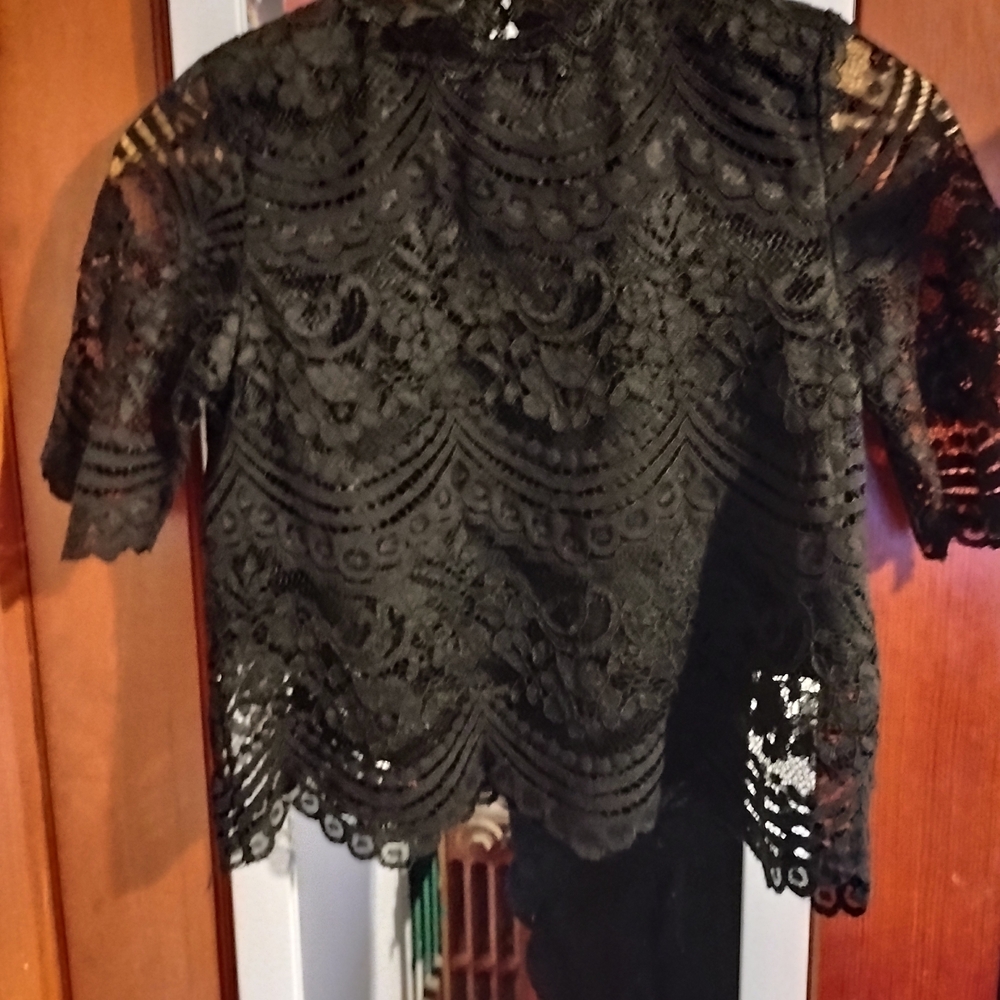 Revamped Black Lace Short-Sleeve Blouse